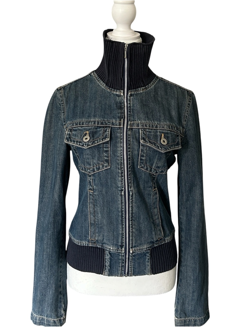 Y2K “TRF” Medium Wash Cargo Style Bomber Zip-up Denim Jean Jacket